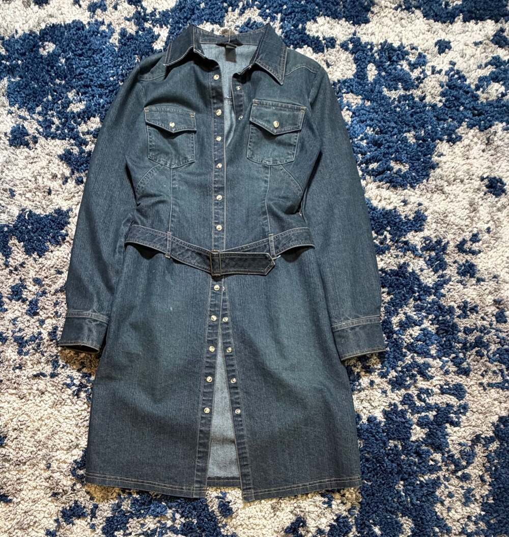 Moda International Women's Long Sleeve Belted Denim Button-Down Shirt Dress